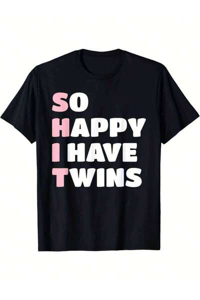 26LIK So Happy I Have Funny Mom Of Twins T-Shirt - Black With Pink & White Gr...