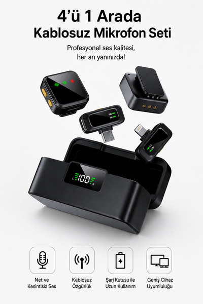 Abbruch 4’ü 1 Arada Kablosuz Yaka Mikrofonu Seti Type-C Lightning 2.4G Gürült...