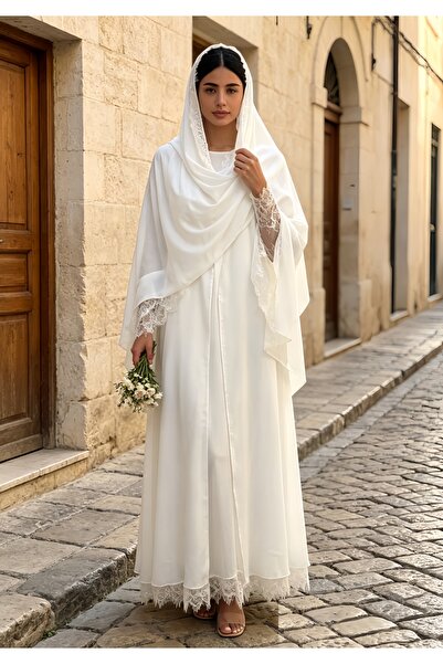 Noon Noora Chiffon and Lace Patchwork Front Opening Abaya with Headscarf