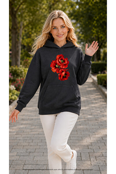 EMMODA Women's Three Red Poppy Printed Hooded Casual Basic Sweatshirt with Ka...