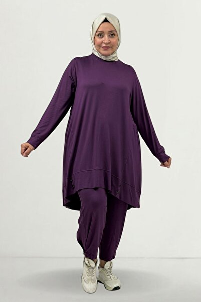 Eslina 67041 Plus Size Button Detailed Combed Cotton Trousers Suit - Plum