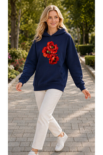 EMMODA Women's Three Red Poppy Printed Hooded Casual Basic Sweatshirt with Ka...