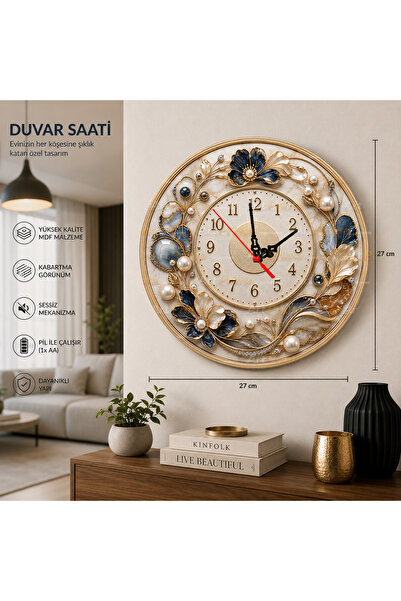 artprinta Lacivert Çiçek ve İnci Detaylı Dekoratif Duvar Saati