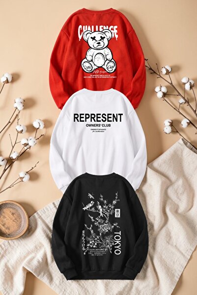 uyguntarz Unisex Mixed Printed Crew Neck Sweatshirt Set – Pack of 3