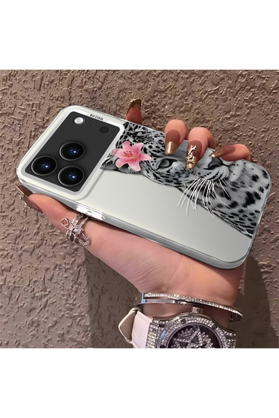 SLIMFELT iPhone 17 Pro Max Uyumlu Pembe Zambak Süslemeli Leopar Detaylı Telef...