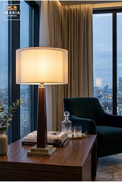 MARIA HOMES Modern Wooden Table Lamp with White Double Layer Drum Shade, Slim...