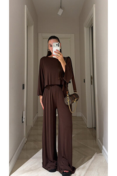 My Blog Brown Batwing Sleeve Detailed Trousers Set - 4025
