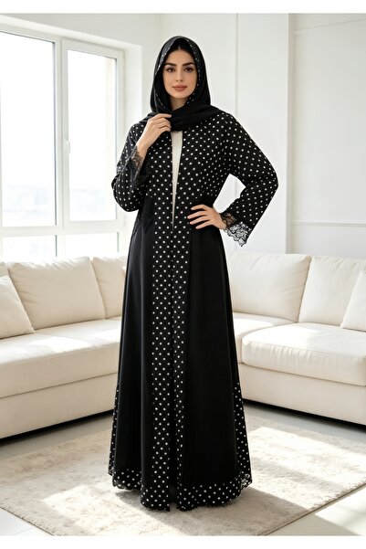 Noon Noora Polka Dot Print Patchwork Lace Trim Front-opening Abaya Set (inclu...