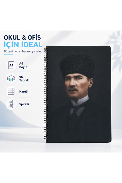 AĞIRKOL Atatürk Temalı Spiralli Okul Defteri 96 Yaprak Kareli