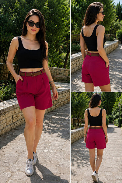 cesita Women's Brown Belted High Waist Burgundy Bermuda Shorts