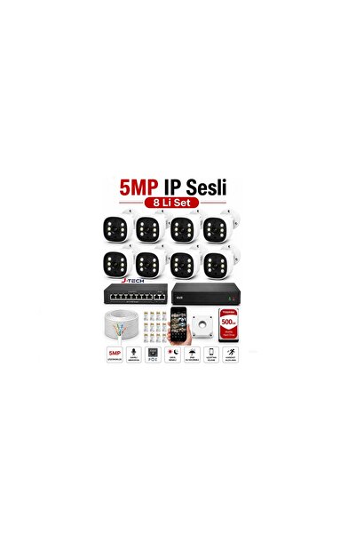 Midcom J-TECH 5MP Sesli 8 Li 6066 iP Renkli Gece Görüşlü 500GB Akıllı Güvenlik Kamera Seti – Yüz ve Araç Tanıma