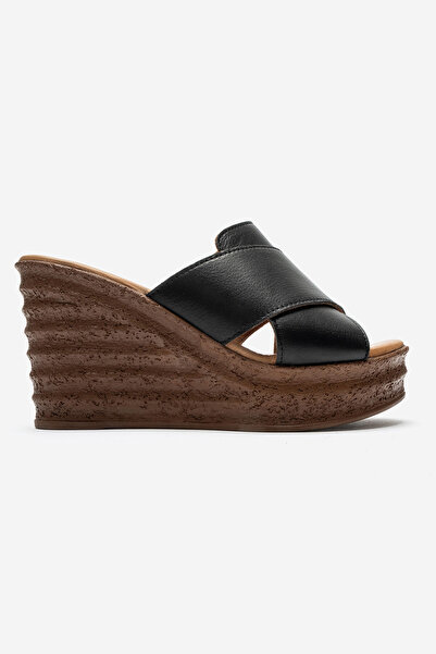 ERNİLA Ni̇lya Genuine Leather Padded Heel Cross Slippers