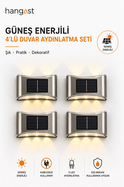 HANGAST 4’lü Güneş Enerjili Solar Duvar Apliği 3 LED 5 W Dış Mekan Bahçe Duva...