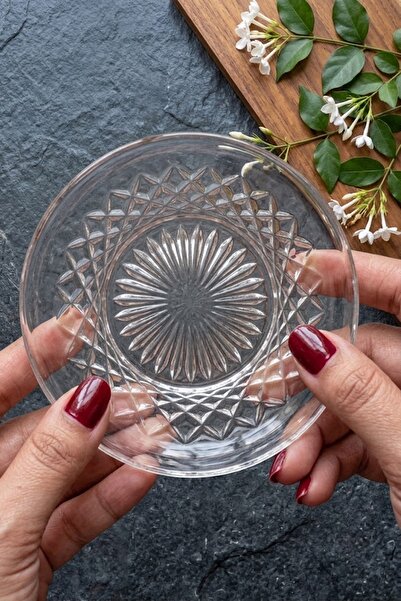 DECOSTYLE Ajda Decorated Hand-Cut Glass Tea Plate Set of 6 – Stylish & Premiu...