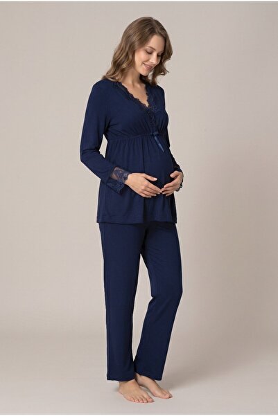 LOHOUSE Women's Navy Blue Lace Buttoned Maternity Pajama Set for Easy Breastf...