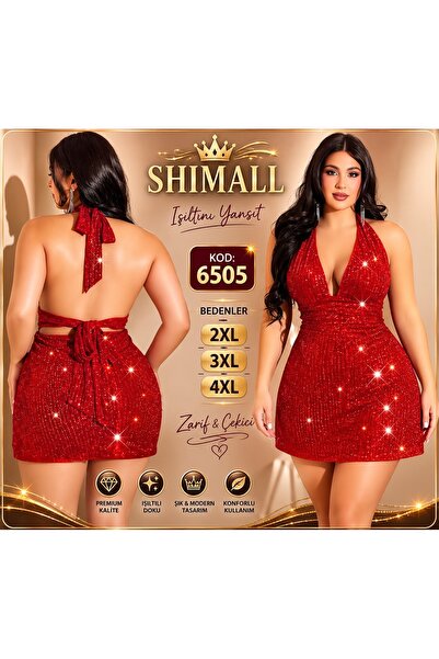 Kadın Büyük Beden Kırmızı Işıltılı Mini Elbise 2XL 3XL 4XL Boyundan Bağlamalı Sırt Dekolteli Şık Elbise 6505