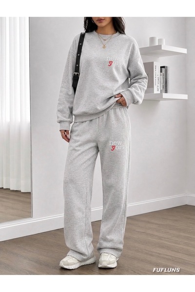 FUFLUNS New York Heart Printed Women's Cropped Crewneck Bottom/Up Trouser Tra...