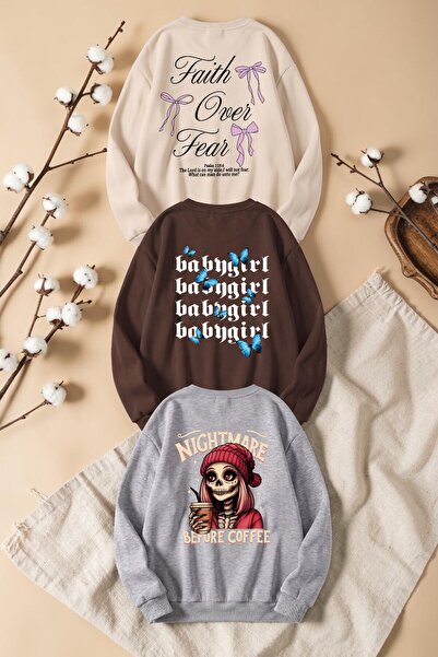 uyguntarz Unisex Mixed Printed Crew Neck Sweatshirt Set – Pack of 3