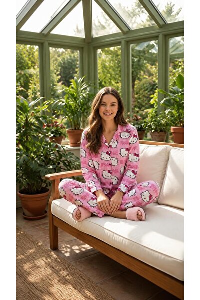 Mia Homewear KADIN SÜET PEMBE HELLO KITY DESENLİ ÖNDEN DÜĞMELİ UZUN KOLLU PİJ...