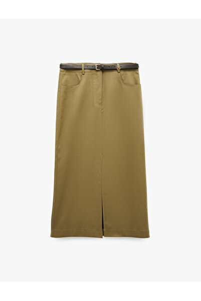 Koton Comfortable Fit Cotton Pencil Skirt with Belted Pockets and Slit Detail