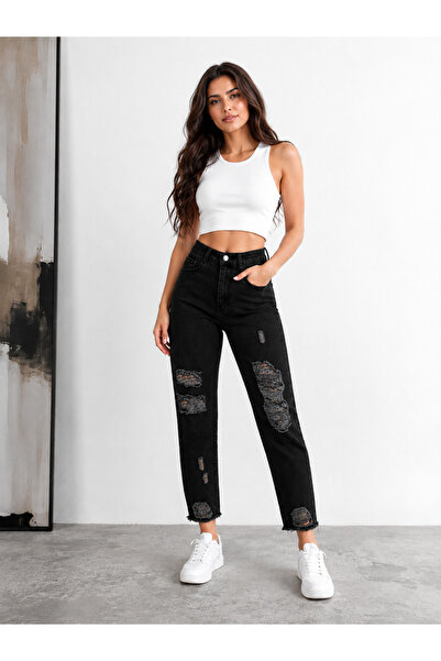 KENE JEANS ΜΑΥΡΟ ΨΗΛΟΜΕΣΟ ΠΑΝΤΕΛΟΝΙ ΤΥΠΟΥ MOM ΜΕ ΣΚΙΣΜΕΣ ΚΑΙ ΛΕΪΖΕΡ ΕΦΕΞ, ΠΛΗ...