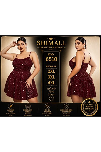 Kadın Büyük Beden Bordo Işıltılı Payetli Mini Elbise 2XL 3XL 4XL İnce Askılı Şık Abiye Elbise 6510