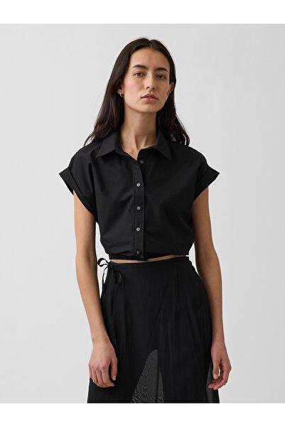 GAP Kadın Siyah Poplin Cap-Sleeve Crop Bluz