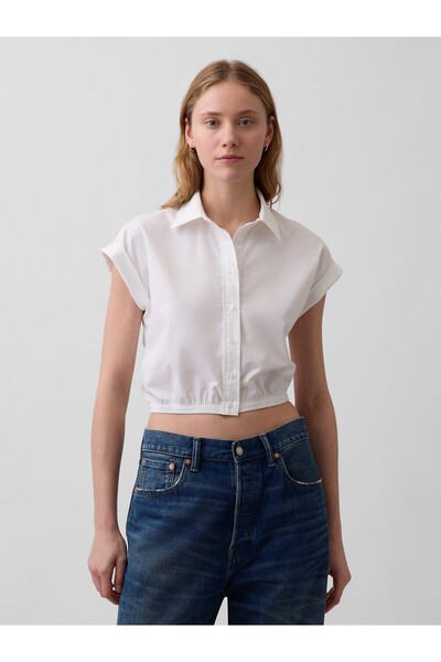 GAP Kadın Beyaz Poplin Cap-Sleeve Crop Bluz