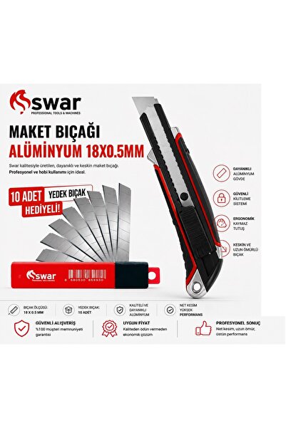 SWAR Alüminyum Maket Bıçağı 18 x 0.5 mm | 10 Adet Yedek Bıçak Profesyonel Fal...