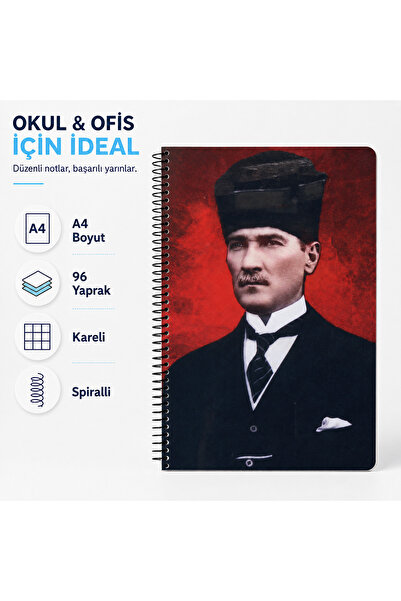 AĞIRKOL Atatürk Temalı Spiralli Okul Defteri 96 Yaprak Kareli