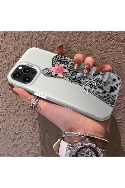 SLIMFELT iPhone 15 Pro Max Uyumlu Pembe Zambak Süslemeli Leopar Detaylı Telef...
