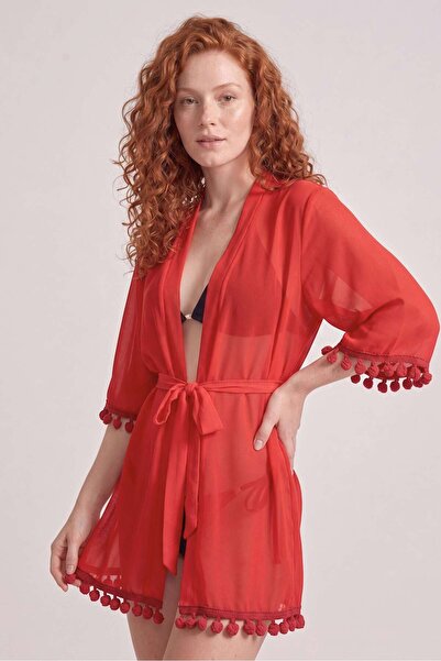 OBJE Women's Red Chiffon Tasseled Tunic Pareo