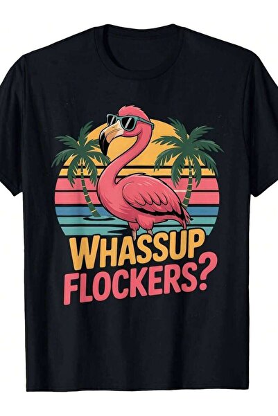 Generic تي شيرت Whassup Flockers Retro Funny Pink Flamingo Fashion Glasses