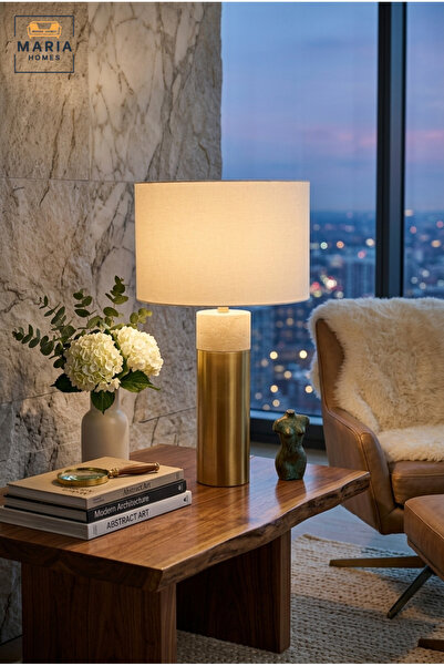 MARIA HOMES Modern Gold and Marble Table Lamp with White Drum Fabric Shade an...