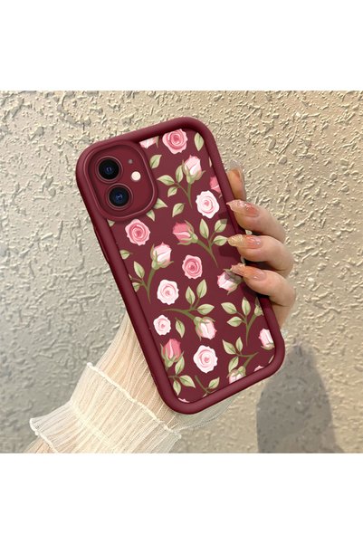 CHICASELUX iPhone 12 Compatible Burgundy Background Rose Flower Pattern Soft ...