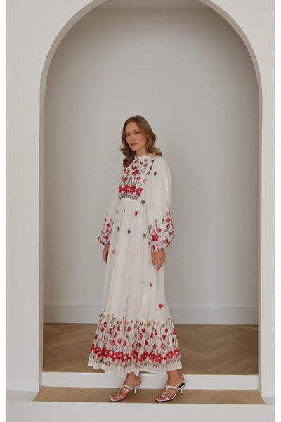 Floral çiçek desenli Uzun Elbise-beyaz