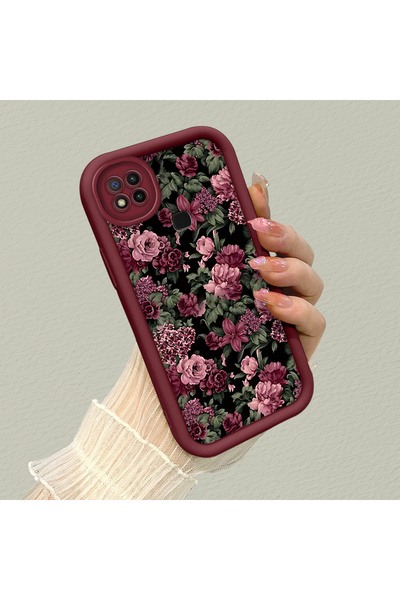 CHICASELUX Redmi 9C/10A Uyumlu Şık bordo çerçeve nostaljik şakayık deseni gün...