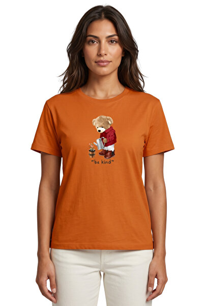 DK DAKSEL Women's Orange Be Kind Teddy Bear Printed T-Shirt 100% Cotton Comfo...