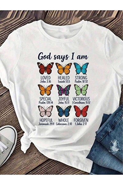 21JNRY God Says I Am 's T-Shirt - Playful Blue Font With Colorful Butterflies...