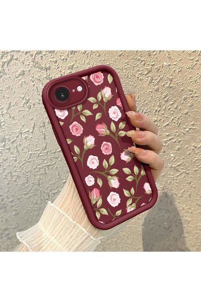 CHICASELUX iPhone 16E Compatible Burgundy Background Rose Flower Pattern Soft...