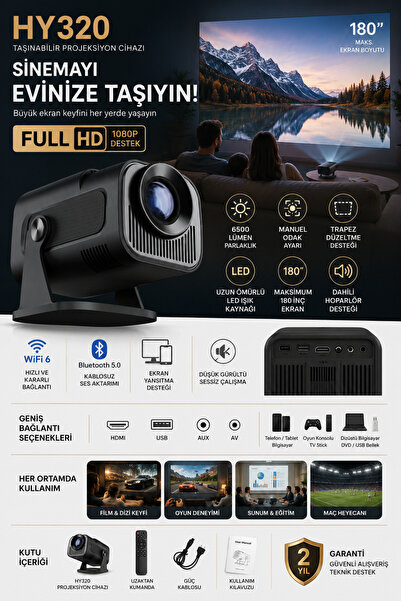 Sidox HY320 4K Destekli Full HD Taşınabilir Projeksiyon Cihazı Wifi Bluetooth...