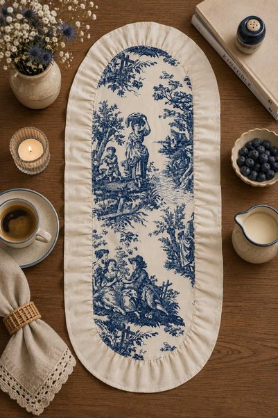 Genel Markalar Lacivert Vintage Fransız Desenli Fırfırlı Oval Runner 30x80