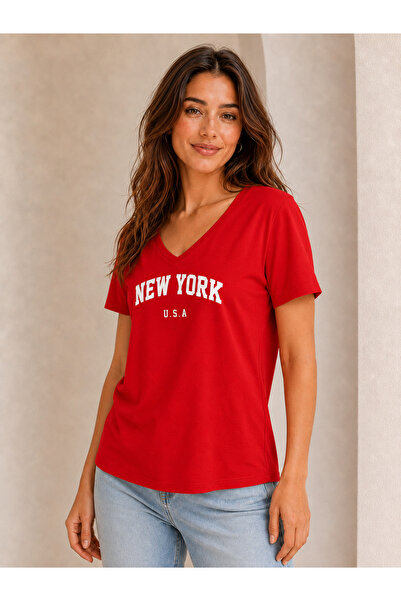 FAVORİST Women's V-Neck New York U.S.A Printed 100% Cotton T-Shirt