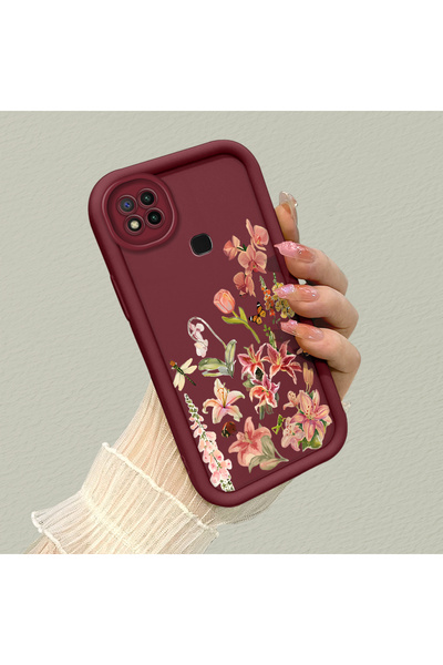 CHICASELUX Redmi 9C/10A Uyumlu Bordo arka plan gül çiçek desenli yumuşak sili...