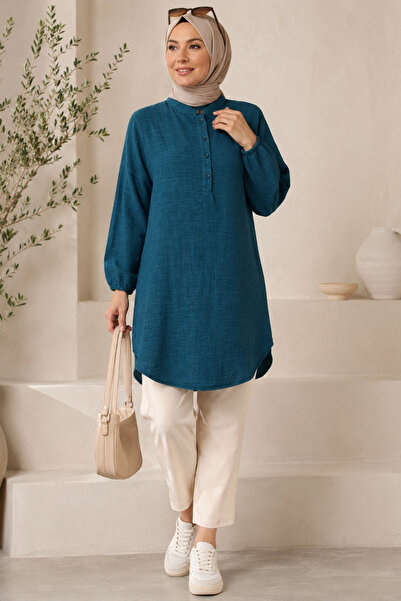 EruZan Women's Half Button Detail High Collar Wide Size Tunic