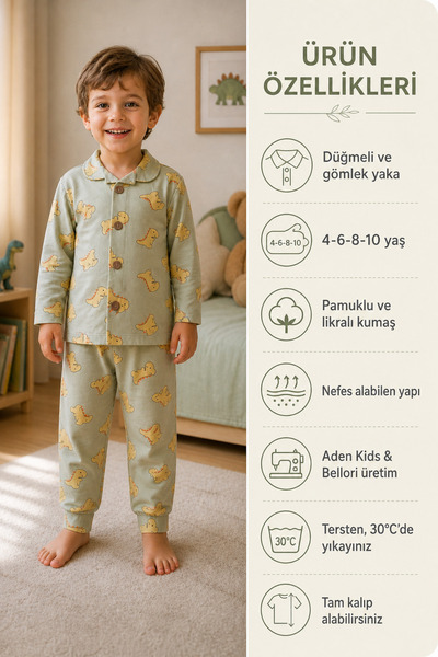 aden kids Boy's Dinosaur Printed Shirt Collar Buttoned Pajama Set