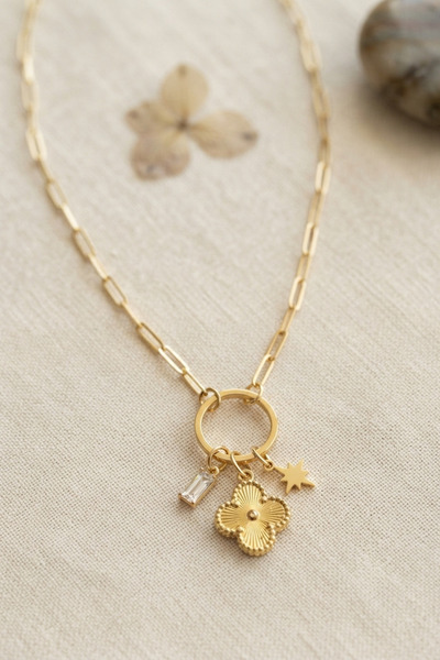 Marsilyan Gold Color Paperclip Chain Clover Model Women's Necklace Tj-Bko1120...