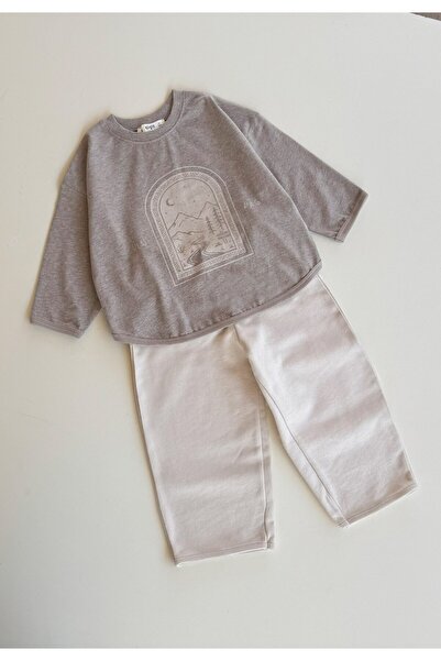 Cigit Oversize Uzun Kollu T-Shirt Takım 2-8 Yaş Kahve Melanj