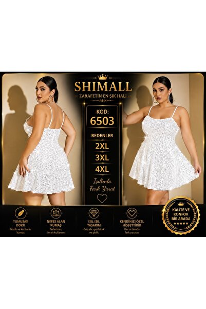 Kadın Büyük Beden Beyaz Işıltılı Payetli Mini Elbise 2XL 3XL 4XL İnce Askılı Şık Abiye Parti Elbisesi 6503
