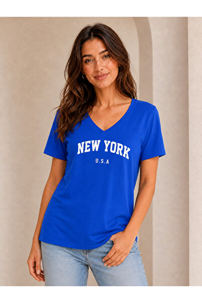 FAVORİST Tricou de damă cu decolteu în V, imprimat New York U.S.A, 100% bumbac